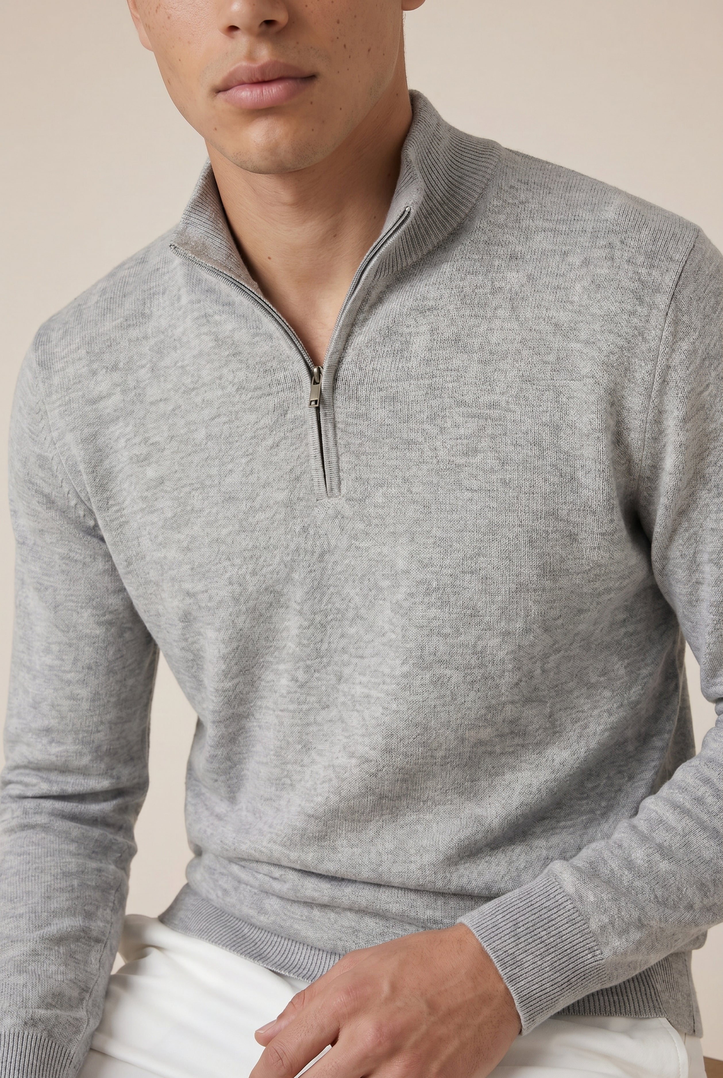 Timassi Merino Yün Yarım Fermuarlı Kazak - Gri Melanj arka görünüm