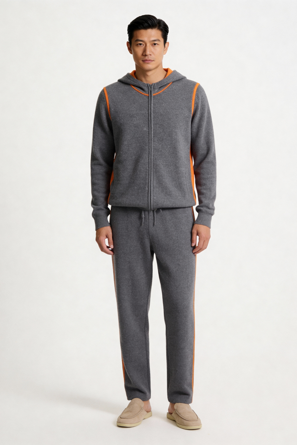 Saf Kaşmir Gri & Turuncu Çizgili Takım